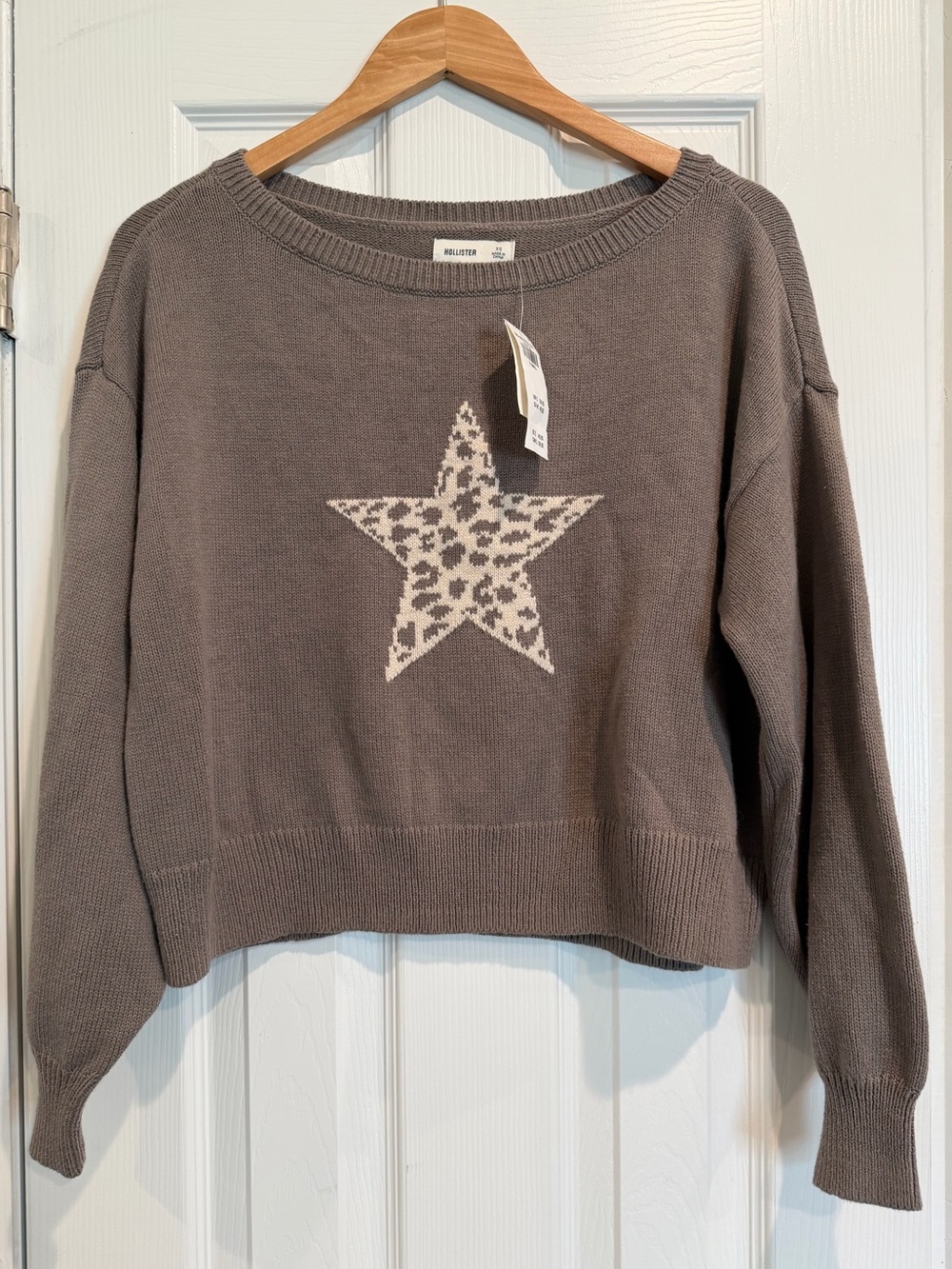 Hollister Taupe Crewneck Sweater with Cream Leopard Star
